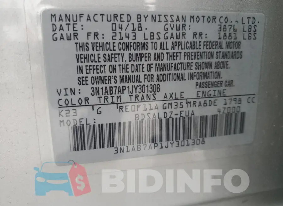 3N1AB7AP1JY301308 Photo# 13