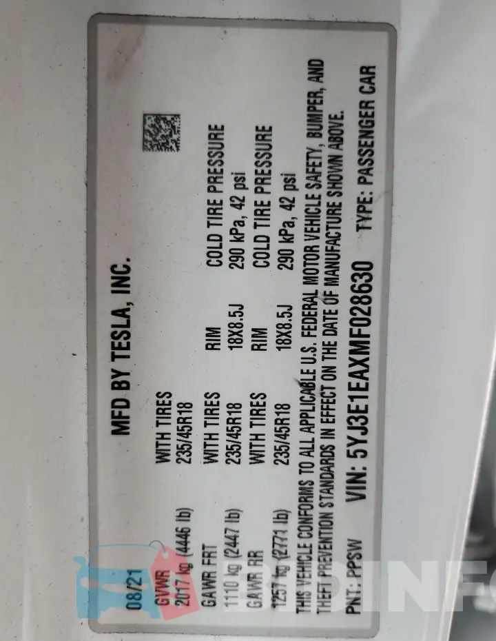 5YJ3E1EAXMF028630 Photo# 12