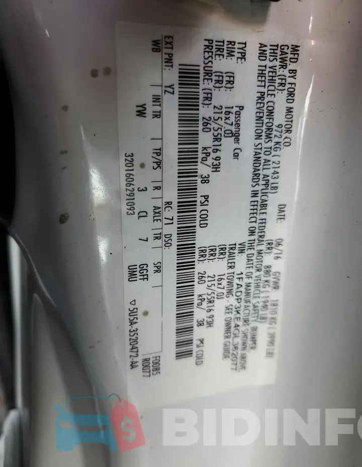 1FADP3KE4GL362077 Photo# 12