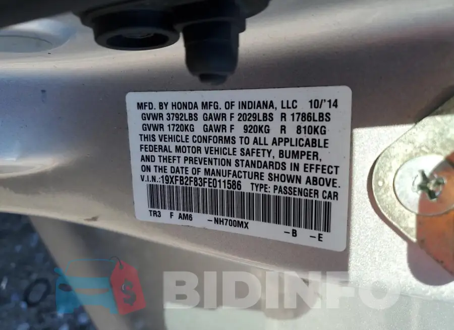 19XFB2F83FE011586 Photo# 12