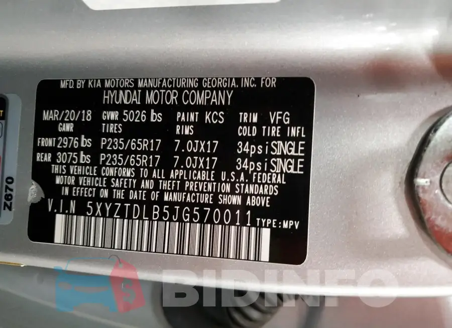 5XYZTDLB5JG570011 Photo# 14