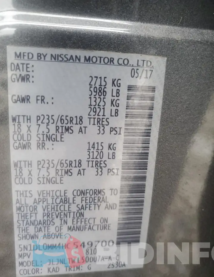 5N1DL0MM4HC549700 Photo# 13