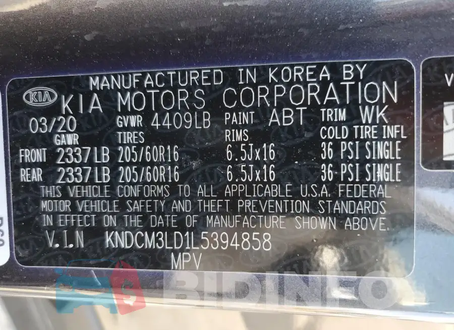 KNDCM3LD1L5394858 Photo# 13