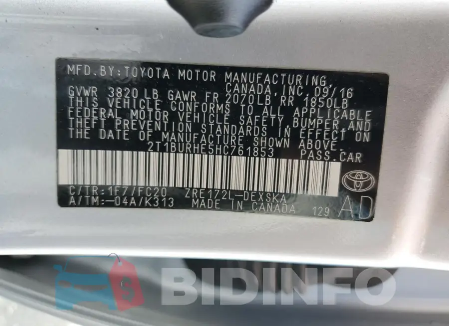 2T1BURHE5HC761853 Photo# 13