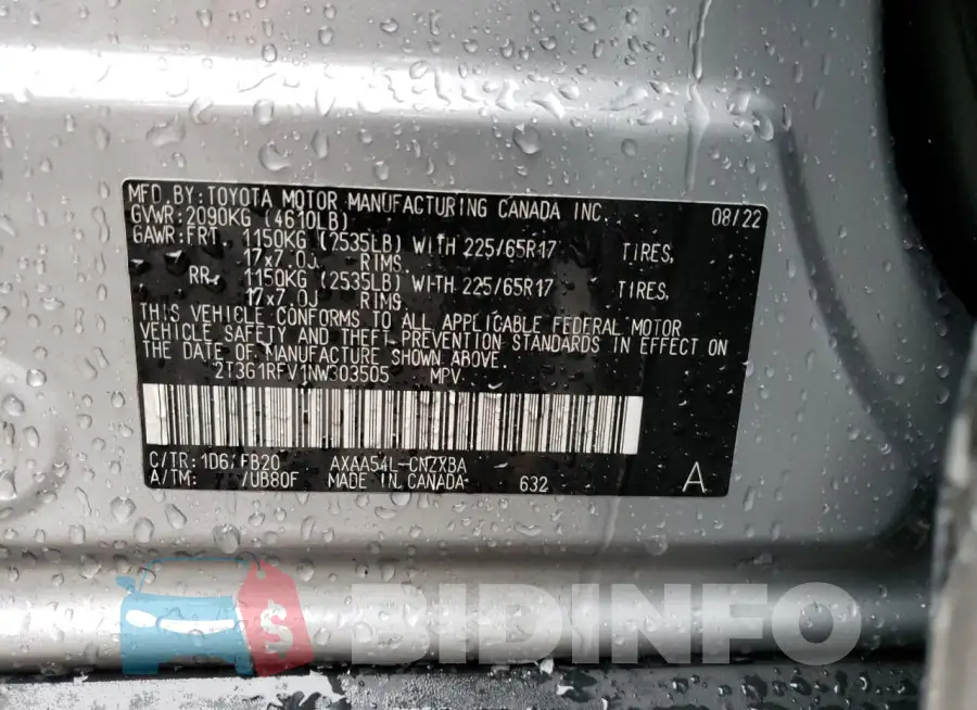 2T3G1RFV1NW303505 Photo# 14