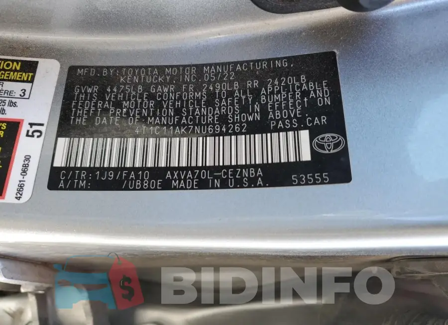 4T1C11AK7NU694262 Photo# 12