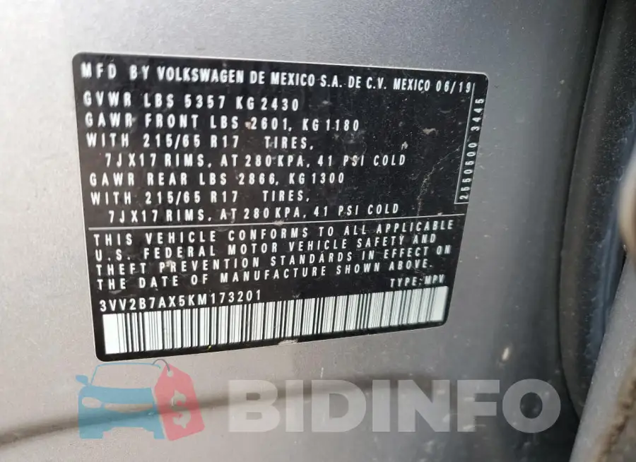 3VV2B7AX5KM173201 Photo# 13
