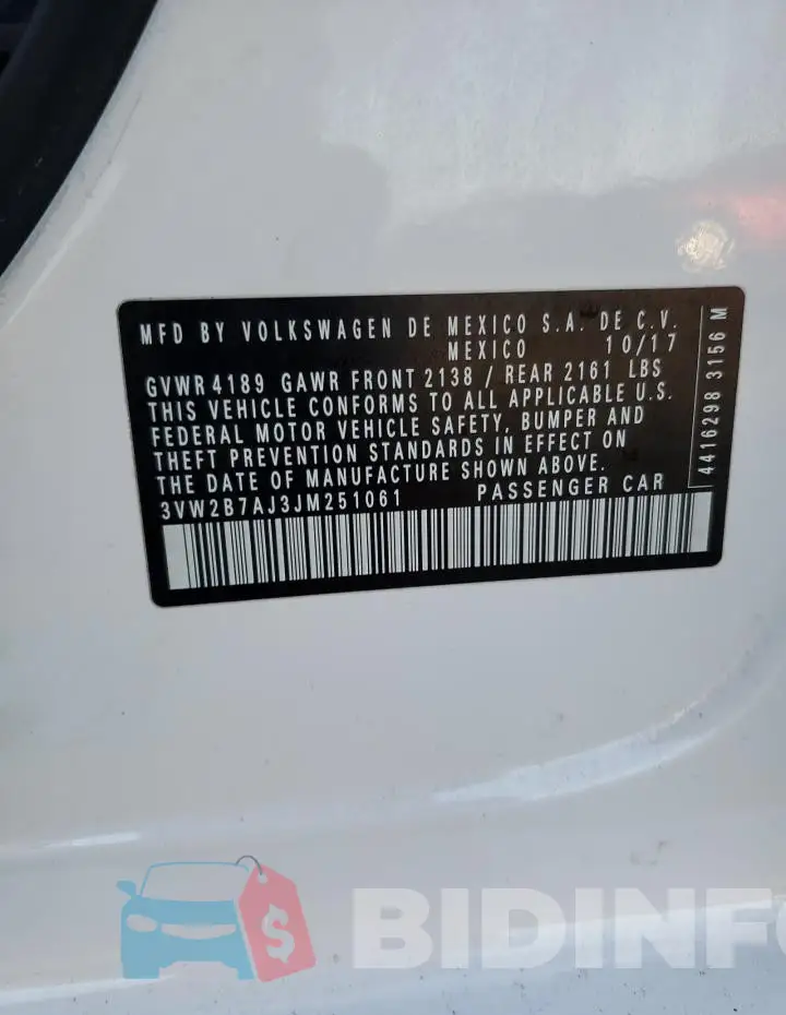 3VW2B7AJ3JM251061 Photo# 13