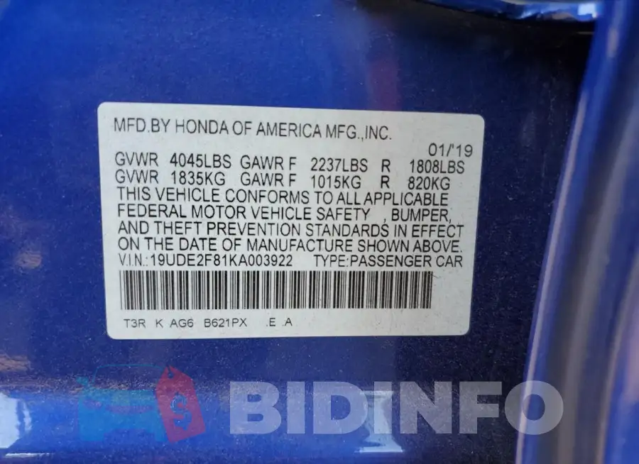 19UDE2F81KA003922 Photo# 13
