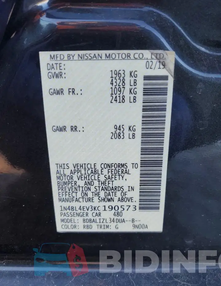 1N4BL4EV3KC190573 Photo# 12