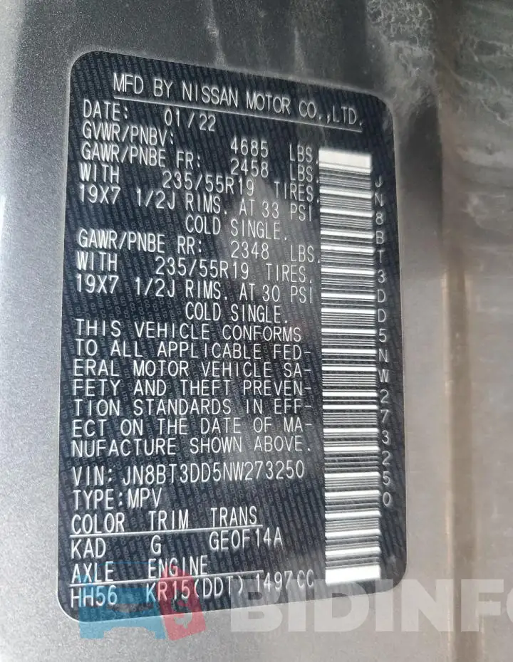 JN8BT3DD5NW273250 Photo# 13