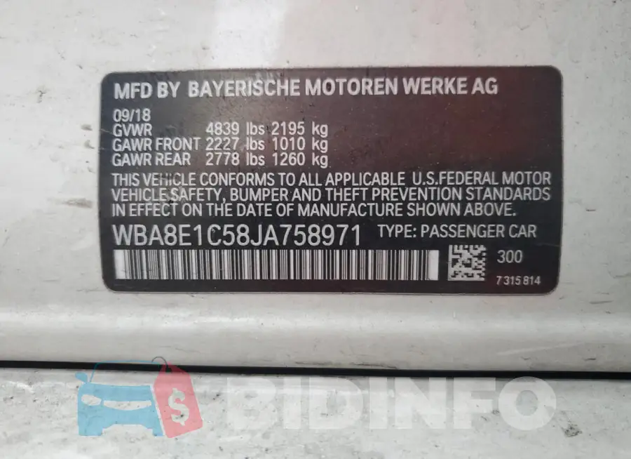 WBA8E1C58JA758971 Photo# 13