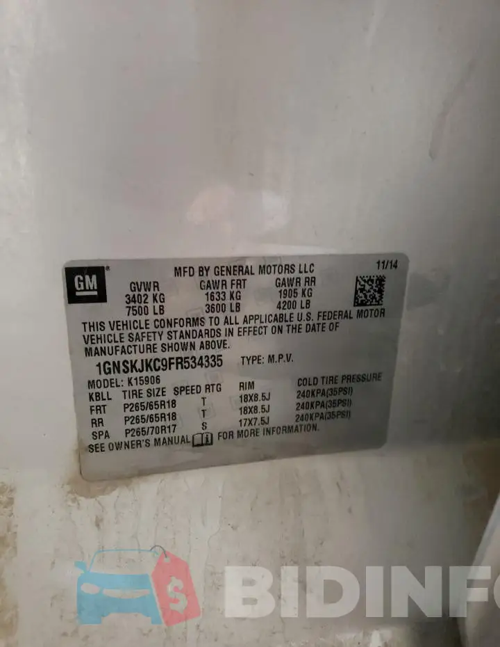 1GNSKJKC9FR534335 Photo# 13