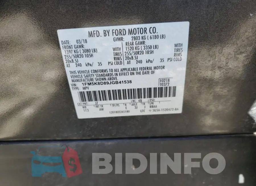 1FM5K8D89JGB41538 Photo# 14