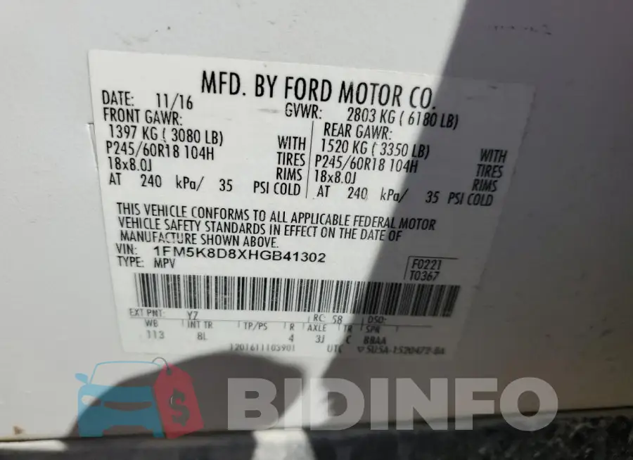 1FM5K8D8XHGB41302 Photo# 13