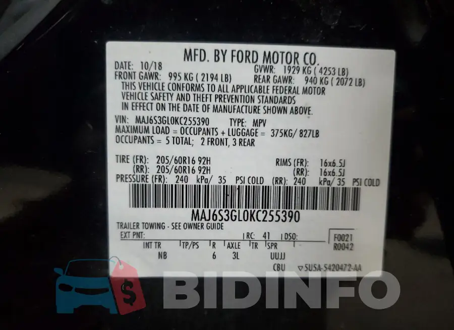 MAJ6S3GL0KC255390 Photo# 13