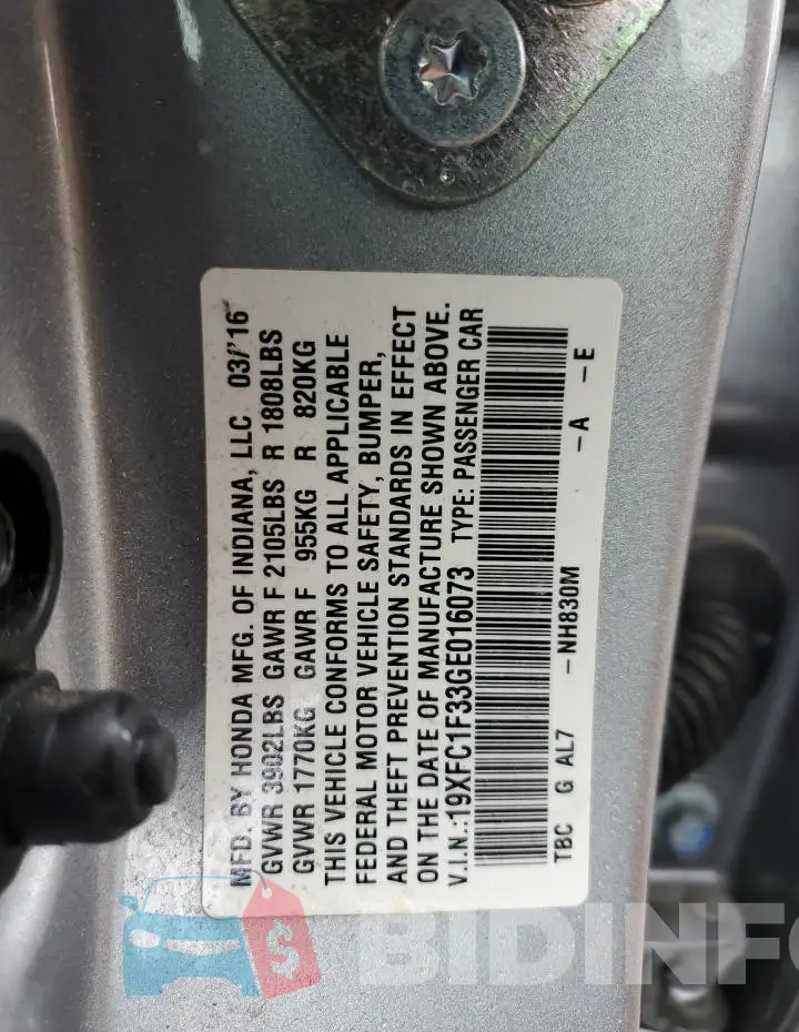 19XFC1F33GE016073 Photo# 12
