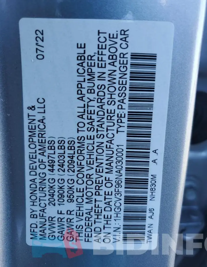 1HGCV3F96NA030001 Photo# 12