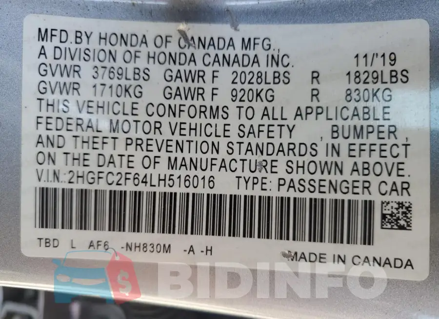 2HGFC2F64LH516016 Photo# 12