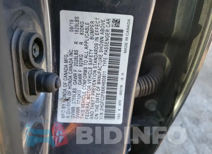 2HGFC2F6XKH600811 Photo# 12