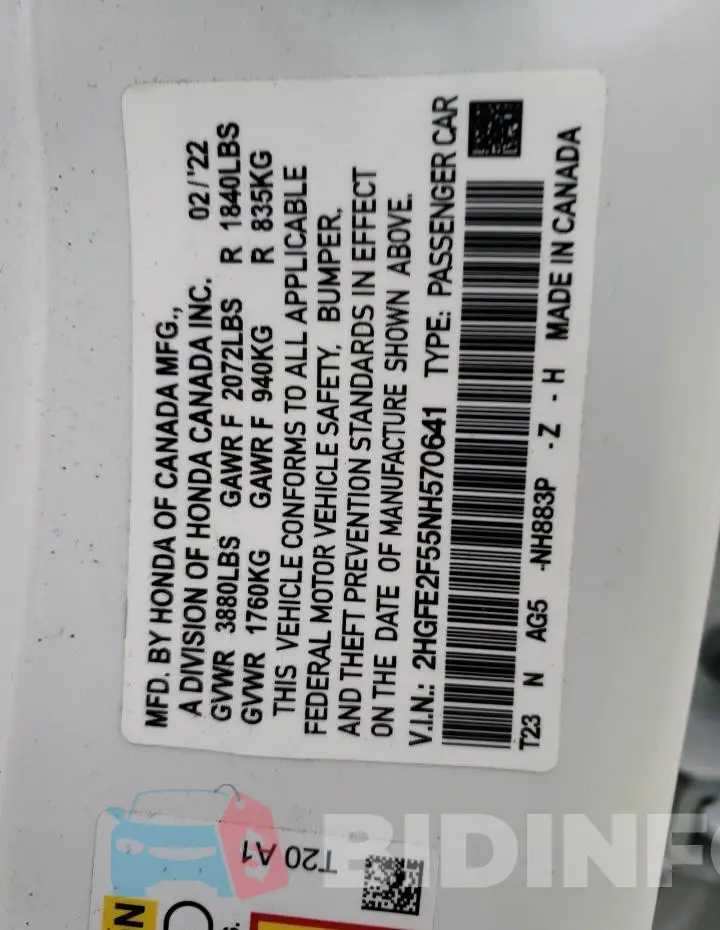 2HGFE2F55NH570641 Photo# 13