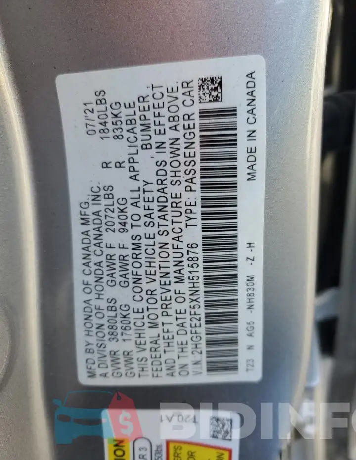 2HGFE2F5XNH515876 Photo# 12