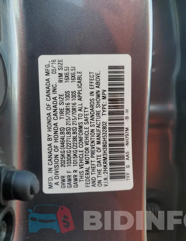 2HKRM3H38GH532802 Photo# 13
