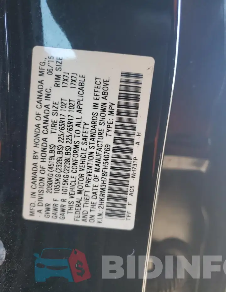 2HKRM3H78FH540769 Photo# 13