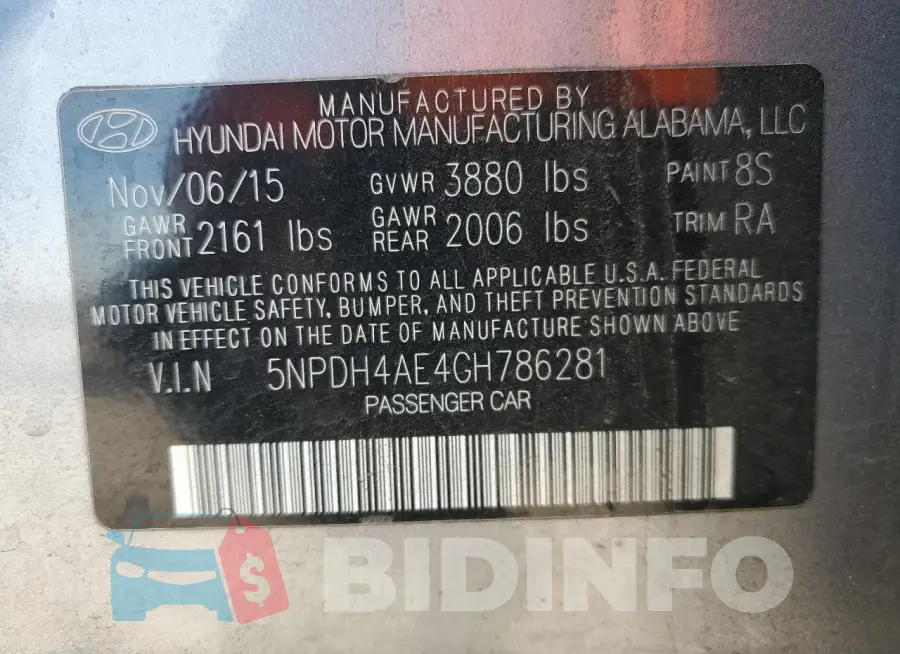 5NPDH4AE4GH786281 Photo# 14