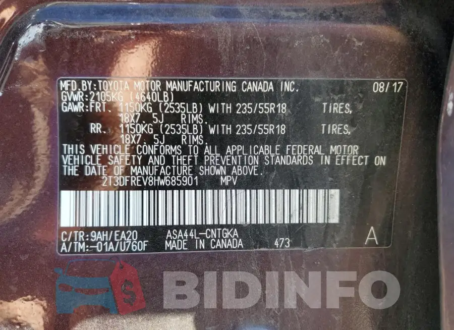 2T3DFREV8HW685901 Photo# 14