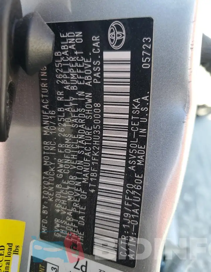 4T1BF1FK2HU350008 Photo# 13