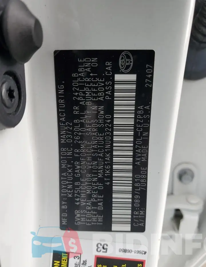 4T1K61AK1NU032240 Photo# 12
