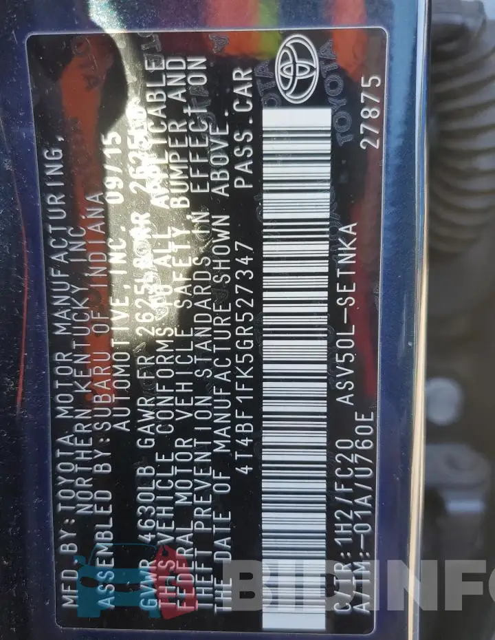 4T4BF1FK5GR527347 Photo# 12