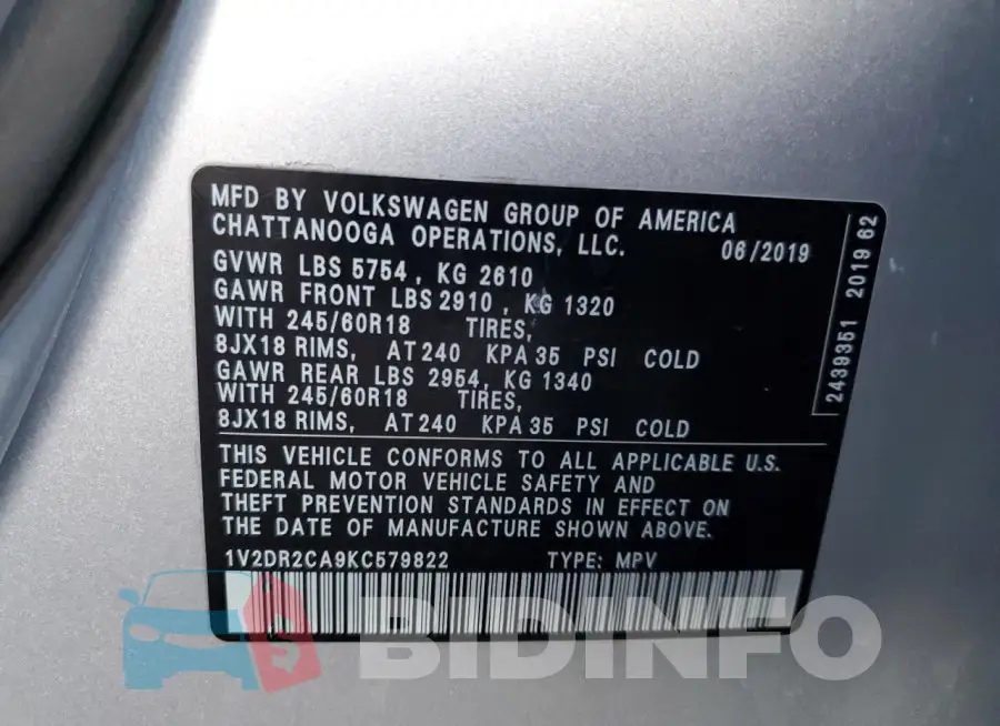 1V2DR2CA9KC579822 Photo# 13