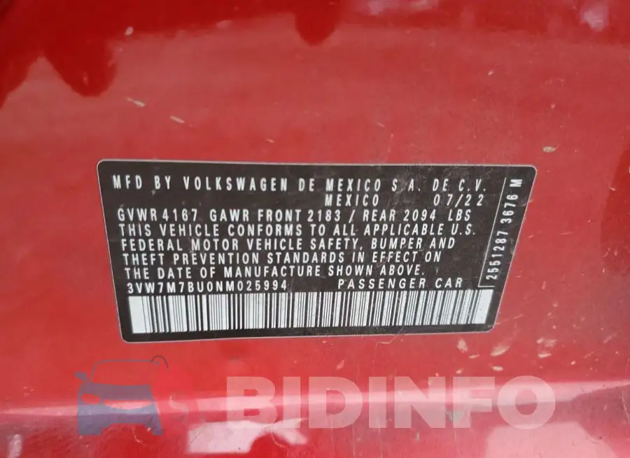 3VW7M7BU0NM025994 Photo# 13