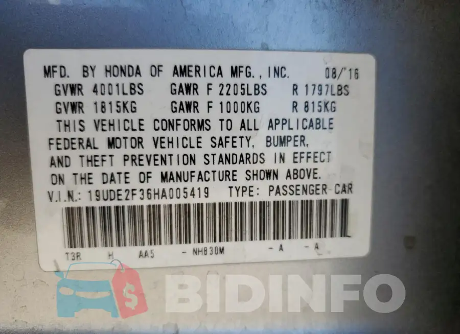 19UDE2F36HA005419 Photo# 13