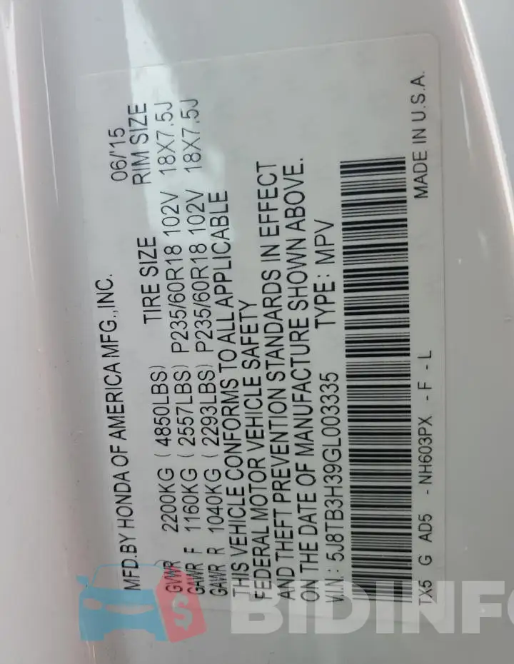 5J8TB3H39GL003335 Photo# 14
