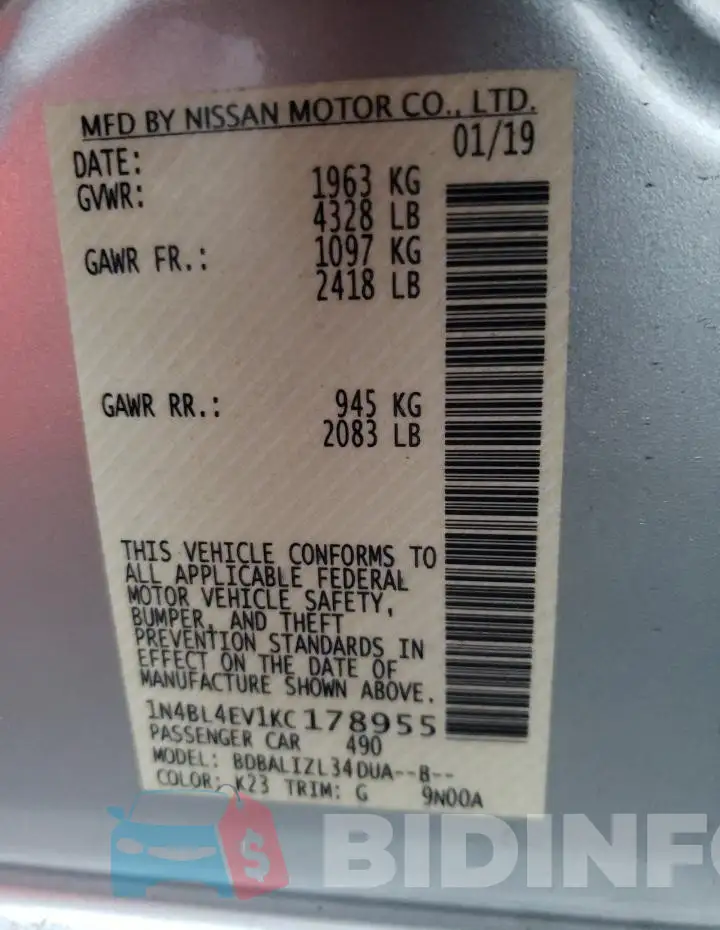 1N4BL4EV1KC178955 Photo# 13