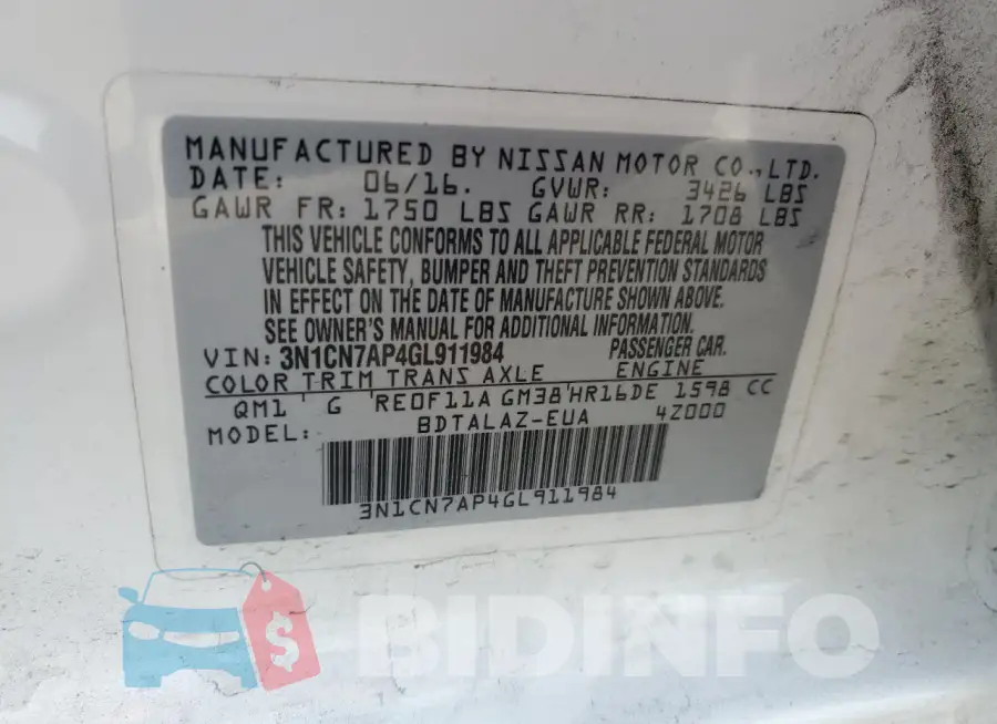 3N1CN7AP4GL911984 Photo# 12