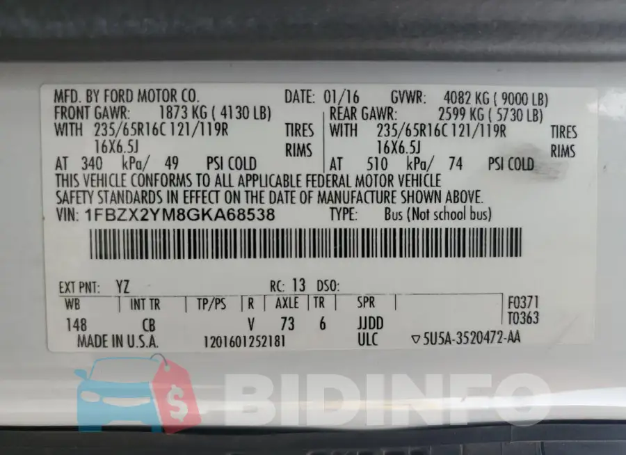 1FBZX2YM8GKA68538 Photo# 13