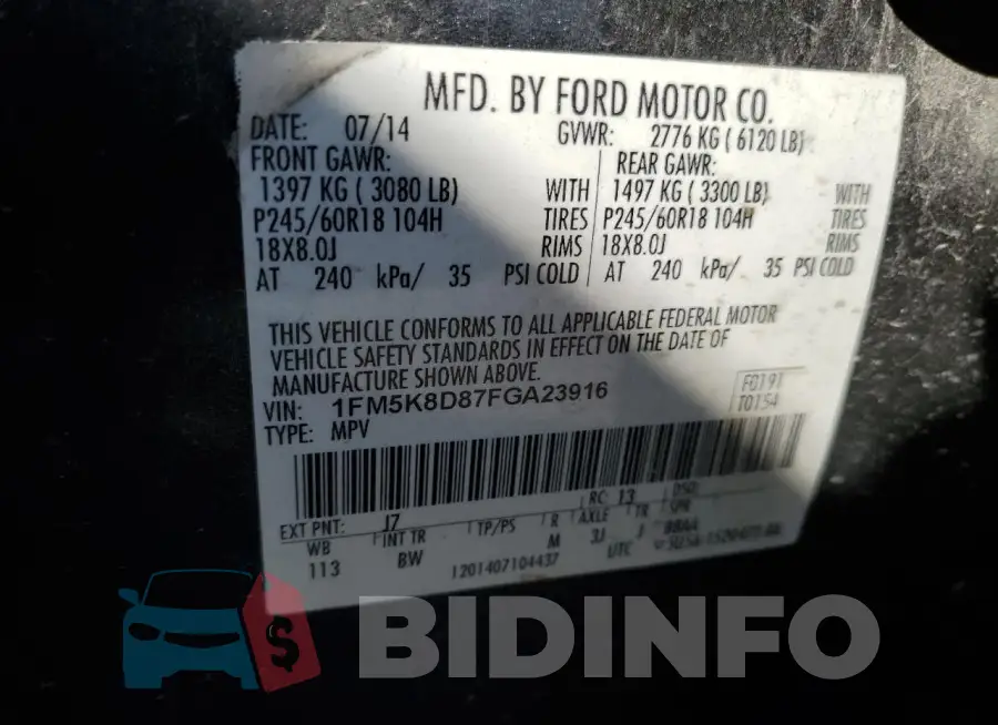 1FM5K8D87FGA23916 Photo# 13