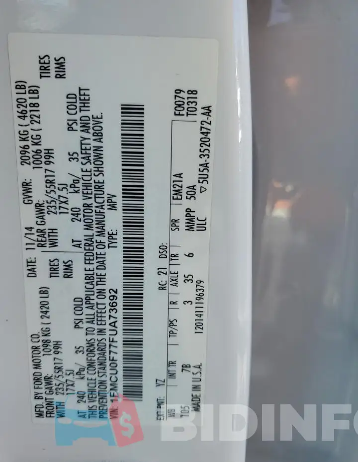 1FMCU0F77FUA73692 Photo# 12 1FMCU0F77FUA73692 Photo# 12