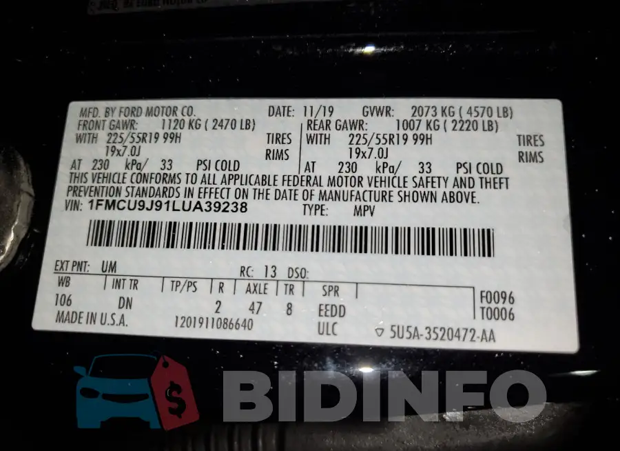 1FMCU9J91LUA39238 Photo# 14