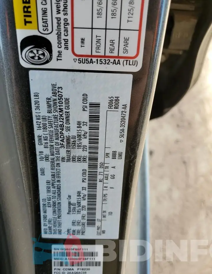 3FADP4BJ2KM105073 Photo# 12