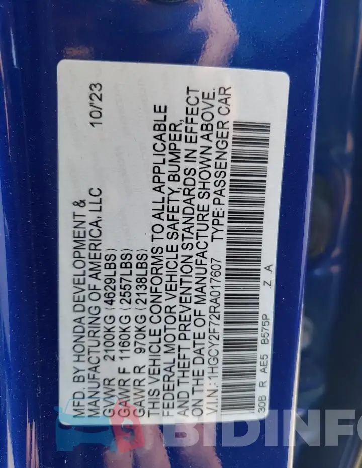 1HGCY2F72RA017607 Photo# 12