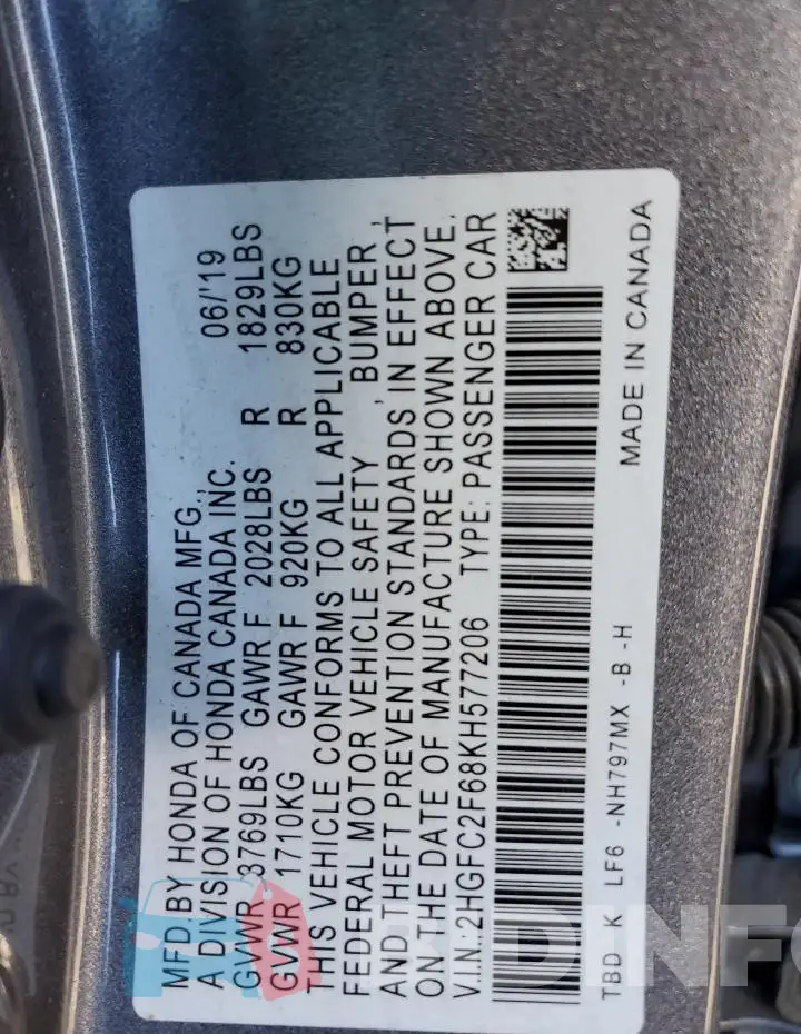 2HGFC2F68KH577206 Photo# 12