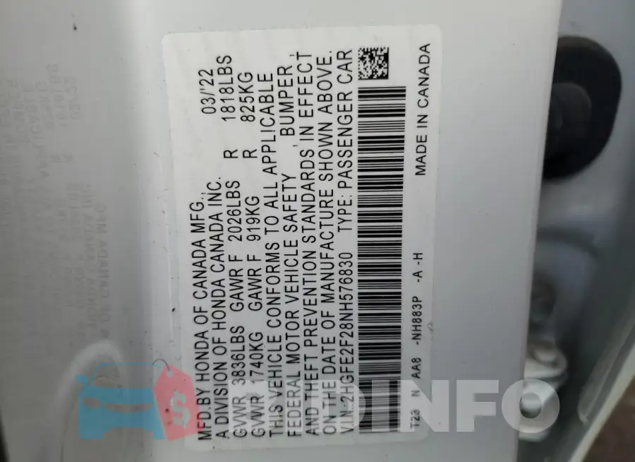 2HGFE2F28NH576830 Photo# 13