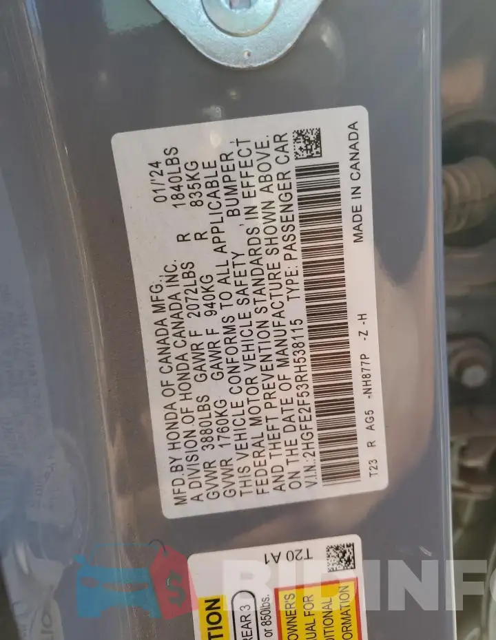 2HGFE2F53RH538115 Photo# 12