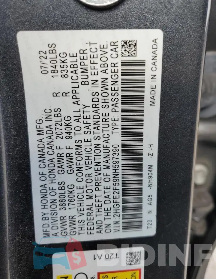 2HGFE2F59NH597390 Photo# 12