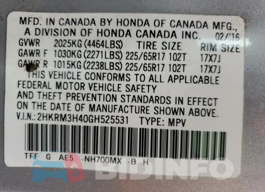 2HKRM3H40GH525531 Photo# 13